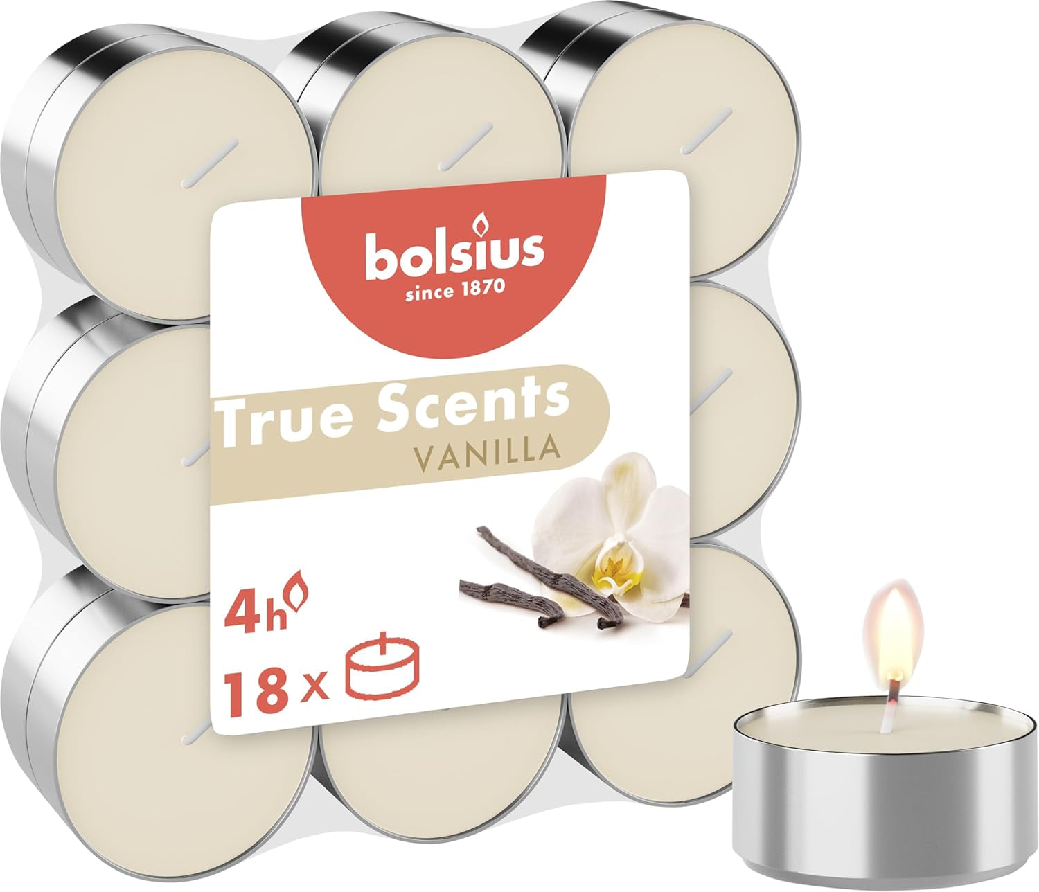 Bolsius True Scents - Vainilla Velas De Té Con Fragancia - Algodón Fresco - Paquete De 18 - Larga Duración De Combustión De 4 Horas - Vela Doméstica - Decoración De Interiores - Extractos Naturales